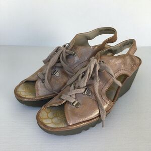 Fly London Rose Gold Lace-Up Wedge Sandals